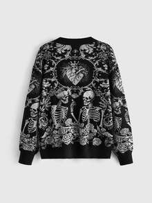 ROMWE Goth Höst/vinter Halloween Day Of The Dead mörk gotisk jacquard-cardigan med dödskalle och växtmotiv, lös modell med öppen front - Svart - Visa 8