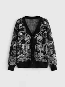 ROMWE Goth Höst/vinter Halloween Day Of The Dead mörk gotisk jacquard-cardigan med dödskalle och växtmotiv, lös modell med öppen front - Svart - Visa 1