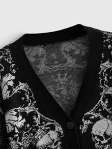 ROMWE Goth Höst/vinter Halloween Day Of The Dead mörk gotisk jacquard-cardigan med dödskalle och växtmotiv, lös modell med öppen front - Svart - Visa 9