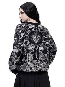 ROMWE Goth Höst/vinter Halloween Day Of The Dead mörk gotisk jacquard-cardigan med dödskalle och växtmotiv, lös modell med öppen front - Svart - Visa 3