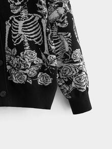 ROMWE Goth Höst/vinter Halloween Day Of The Dead mörk gotisk jacquard-cardigan med dödskalle och växtmotiv, lös modell med öppen front - Svart - Visa 10