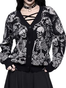 ROMWE Goth Höst/vinter Halloween Day Of The Dead mörk gotisk jacquard-cardigan med dödskalle och växtmotiv, lös modell med öppen front - Svart - Visa 2