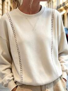 Weeklong 秋冬大尺碼女款圓領蕾絲飾邊拼接休閒優雅日常正式晚宴通勤運動衫 休閒鄉村外出基礎上衣 - 杏色 - 查看 3