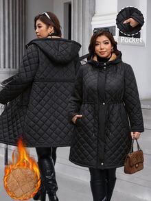 SHEIN Clasi جاكيت شتوي نسائي مقاس كبير بأكمام طويلة وسحاب ورباط خصر وغطاء رأس، أسود كاجوال فضفاض أنيق للمكتب والنادي والخروجات - الأسود - مشاهدة 9