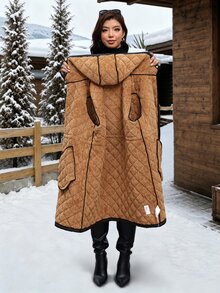 SHEIN Clasi جاكيت شتوي نسائي مقاس كبير بأكمام طويلة وسحاب ورباط خصر وغطاء رأس، أسود كاجوال فضفاض أنيق للمكتب والنادي والخروجات - الأسود - مشاهدة 4