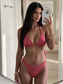 SHEIN Swim 新品多件組，印花掛脖高衩比基尼套裝 Zestiva 泳衣 斑馬紋比基尼套裝 斑馬紋罩衫 鉤編泳衣 女款 紅色波點比基尼 比基尼套裝 女款 格紋棋盤格比基尼 4件組比基尼泳衣 女款 度假 - 紅色 - 查看 7