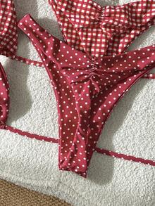 SHEIN Swim 新品多件組，印花掛脖高衩比基尼套裝 Zestiva 泳衣 斑馬紋比基尼套裝 斑馬紋罩衫 鉤編泳衣 女款 紅色波點比基尼 比基尼套裝 女款 格紋棋盤格比基尼 4件組比基尼泳衣 女款 度假 - 紅色 - 查看 4