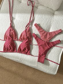 SHEIN Swim 新品多件組，印花掛脖高衩比基尼套裝 Zestiva 泳衣 斑馬紋比基尼套裝 斑馬紋罩衫 鉤編泳衣 女款 紅色波點比基尼 比基尼套裝 女款 格紋棋盤格比基尼 4件組比基尼泳衣 女款 度假 - 紅色 - 查看 5
