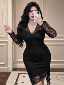 Vibekara Plus Size V-Neck Lace Trim Patchwork Elegant Vintage Cute Pure Desire Sexy Fitted Ruched Bodycon Skirt Asymmetric Design Ruffle Hem Knee-Length Women's Black Dress - Black - View 8