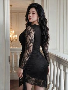 Vibekara Plus Size V-Neck Lace Trim Patchwork Elegant Vintage Cute Pure Desire Sexy Fitted Ruched Bodycon Skirt Asymmetric Design Ruffle Hem Knee-Length Women's Black Dress - Black - View 2