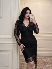 Vibekara Plus Size V-Neck Lace Trim Patchwork Elegant Vintage Cute Pure Desire Sexy Fitted Ruched Bodycon Skirt Asymmetric Design Ruffle Hem Knee-Length Women's Black Dress - Black - View 6