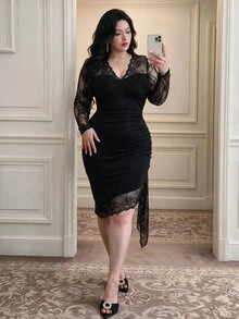 Vibekara Plus Size V-Neck Lace Trim Patchwork Elegant Vintage Cute Pure Desire Sexy Fitted Ruched Bodycon Skirt Asymmetric Design Ruffle Hem Knee-Length Women's Black Dress - Black - View 7