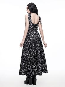 ROMWE Autumn/Winter Dark Gothic Botanical Skull Print Ribbon Bow Strap Long Dress - Black - View 3