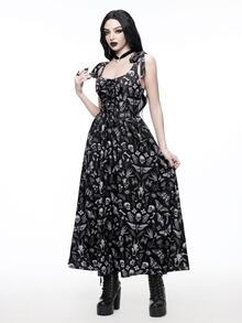 ROMWE Autumn/Winter Dark Gothic Botanical Skull Print Ribbon Bow Strap Long Dress - Black - View 4