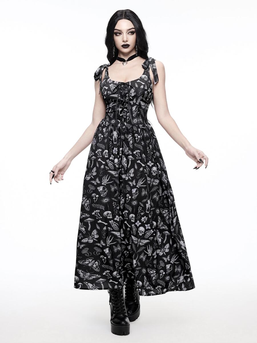 ROMWE Autumn/Winter Dark Gothic Botanical Skull Print Ribbon Bow Strap Long Dress - Black - View 1