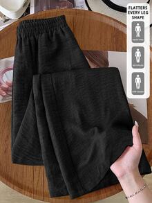 Rusticease Women's Solid Color Textured Fabric Elastic Waist Casual Basic Autumn Pants Work Everyday Lounge Lounge Home Black Autumn Clothes For Women Fall - Black - View 9