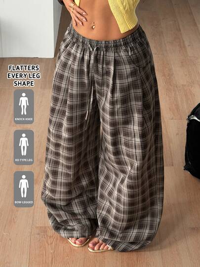 Coolane Women's Autumn Streetwear Casual Back-To-School Boho Outfits Basic Daily Wear Linen Comfortable Low Rise Baggy Grey Plaid Pants Work Everyday Date