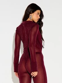 KIZN Deep Plunge Cowl Neck Glitter Mesh Full Length Bodysuit With Long Sleeves And Skinny Legs For Night Out - Burgundy - View 2