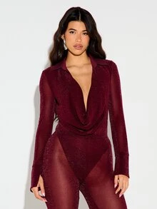 KIZN Deep Plunge Cowl Neck Glitter Mesh Full Length Bodysuit With Long Sleeves And Skinny Legs For Night Out - Burgundy - View 1