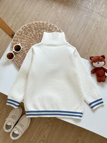SHEIN 男孩彩虹橫條紋圓領毛衣，小童學院風帆船提花針織套頭衫，春秋兒童內搭外穿 - 白色 - 查看 2