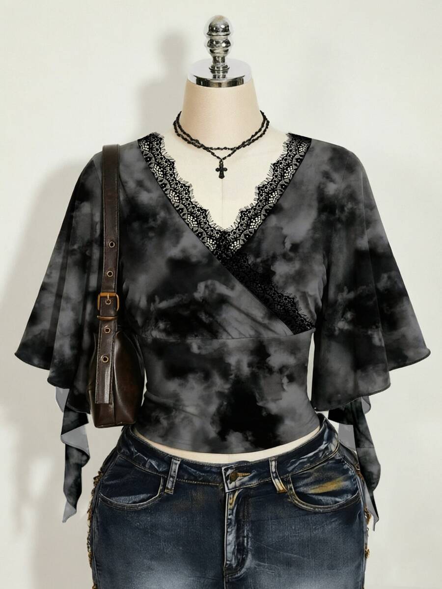 SHEIN ICON Plus Size Women Black Contrast Lace Ruffle Sleeve T-Shirt Club Night Summer Gothic Graphic - Multicolor - View 1