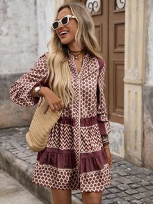 Brillora Women's Casual Boho Vacation Frill Trim Patchwork Printed Short Dress Beige Fall - Burgundy - View 7