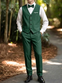 Teen Gentleman 2 Pieces Set Green Vest + Textured Long Trousers, Elegant Luxurious Formal Wear For Birthday Party, Evening Gala, Performance, Wedding Season, Birthday, Wedding, Graduation, Wedding Guest, Pageant - Green - View 8