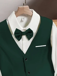 Teen Gentleman 2 Pieces Set Green Vest + Textured Long Trousers, Elegant Luxurious Formal Wear For Birthday Party, Evening Gala, Performance, Wedding Season, Birthday, Wedding, Graduation, Wedding Guest, Pageant - Green - View 7