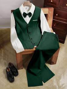 Teen Gentleman 2 Pieces Set Green Vest + Textured Long Trousers, Elegant Luxurious Formal Wear For Birthday Party, Evening Gala, Performance, Wedding Season, Birthday, Wedding, Graduation, Wedding Guest, Pageant - Green - View 3