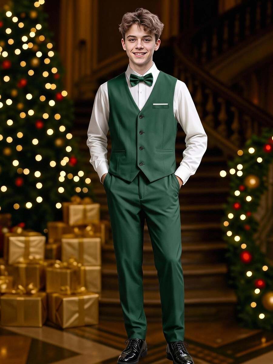 Teen Gentleman 2 Pieces Set Green Vest + Textured Long Trousers, Elegant Luxurious Formal Wear For Birthday Party, Evening Gala, Performance, Wedding Season, Birthday, Wedding, Graduation, Wedding Guest, Pageant - Green - View 1