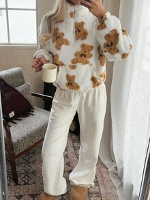 CovetEZ 女款舒適百搭半拉鍊長袖運動衫，白色動物印花，適合居家日常，秋季可愛休閒風 - 彩色 - 查看 4
