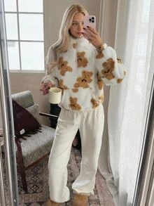 CovetEZ 女款舒適百搭半拉鍊長袖運動衫，白色動物印花，適合居家日常，秋季可愛休閒風 - 彩色 - 查看 1