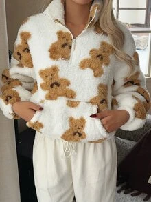 CovetEZ 女款舒適百搭半拉鍊長袖運動衫，白色動物印花，適合居家日常，秋季可愛休閒風 - 彩色 - 查看 3