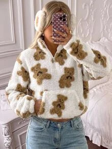 CovetEZ 女款舒適百搭半拉鍊長袖運動衫，白色動物印花，適合居家日常，秋季可愛休閒風 - 彩色 - 查看 9