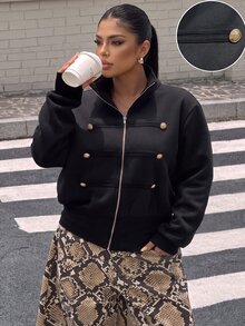 Muchica Plus Size Black And Gold High Neck Napoleon Button Sweatshirt Jacket Women Casual 1950s Vintage 1920s Retro Hip Hop Rave Cute Street Wear Elegant Fall - Black - View 2