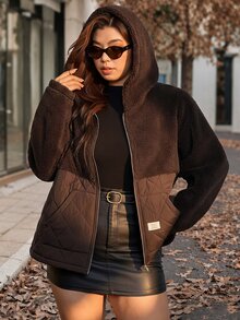 SHEIN Clasi جاكيت جينز كاجوال متعدد الاستخدامات للنساء بمقاسات كبيرة مع بطانية رأس للشتاء - بني - مشاهدة 1