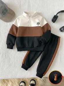 SHEIN Young Boy Colorblock Patchwork Knit Soft Crew Neck Long Sleeve Pullover Half-Zip Sweatshirt, Versatile And Comfortable For Autumn/Winter - Coffee Brown - View 5