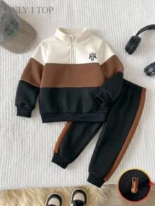 SHEIN Young Boy Colorblock Patchwork Knit Soft Crew Neck Long Sleeve Pullover Half-Zip Sweatshirt, Versatile And Comfortable For Autumn/Winter - Coffee Brown - View 1