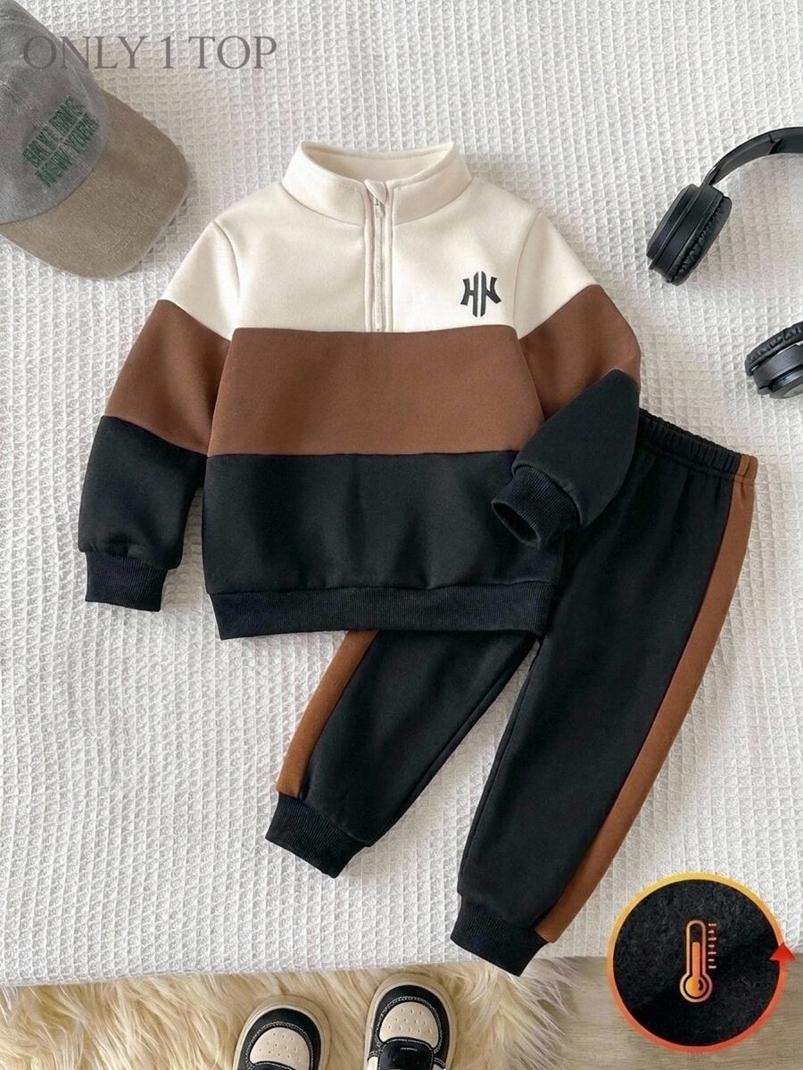 SHEIN Young Boy Colorblock Patchwork Knit Soft Crew Neck Long Sleeve Pullover Half-Zip Sweatshirt, Versatile And Comfortable For Autumn/Winter - Coffee Brown - View 1
