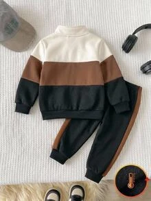 SHEIN Young Boy Colorblock Patchwork Knit Soft Crew Neck Long Sleeve Pullover Half-Zip Sweatshirt, Versatile And Comfortable For Autumn/Winter - Coffee Brown - View 2