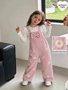 SHEIN Girls' Pink Corduroy Overalls, New All-Season Style, Fashionable Sweet Design With 3D Big Bow And Daisy Embroidery, Straight Leg, Soft And Comfortable, Suitable For School, Commuting And Daily Wear - Pink - View 8