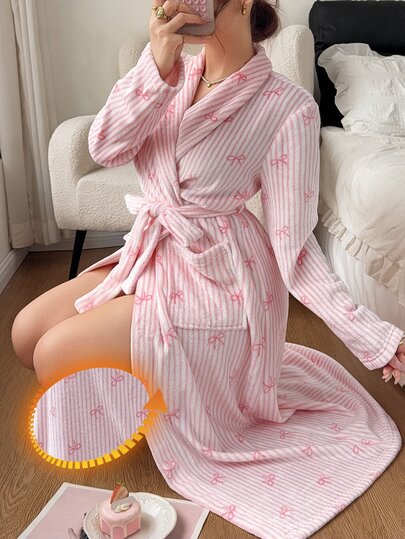 Napfluff Bata de felpa suave con lazo y estampado a rayas para mujer, ropa de estar en casa rosa para otoño/invierno