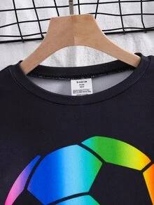 SHEIN 大童男孩足球圖案長袖上衣與長褲休閒日常居家睡衣套裝 - 彩色 - 查看 5