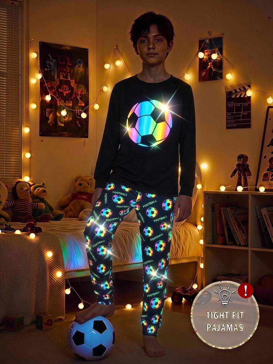 SHEIN Tween Boy Soccer Pattern Long Sleeve Top And Pants Casual Daily Home Sleepwear Set - Multicolor - View 1