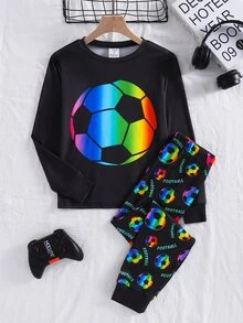 SHEIN 大童男孩足球圖案長袖上衣與長褲休閒日常居家睡衣套裝 - 彩色 - 查看 3