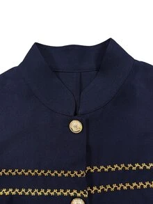 Trelyra 女款單排扣長袖藍色夾克，2026年秋季，優雅學院風金色拿破崙式編織飾邊，適合日常辦公與通勤 - 藏蓝色 - 查看 8