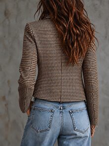 SHEIN Women's French-Style Plaid Jacket, Stand Collar Metal Buttons, Structured Shoulder Fit, Relaxed Elegant Design For Office Everyday Fall Brown Striped - Coffee Brown - View 3