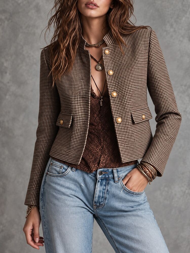 SHEIN جاكيت نسائي بأسلوب فرنسي بنقشة مربعات، ياقة واقفة وأزرار معدنية، تصميم كتف مهيكل، تصميم أنيق مريح للمكتب والاستخدام اليومي في فصل الخريف، بني مخطط - قهوة بني - مشاهدة 6