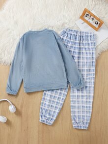 SHEIN Boys' Comfortable Fleece Plaid Long Sleeve Top And Pants 2 Pieces Set, Suitable For Autumn/Winter Home Wear - Multicolor - View 2