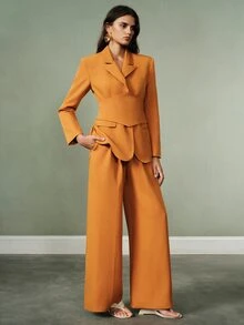 Aveloria Modichic Women's Suit Set Strong Shoulder Waist Wide Leg V-Neck Lapel Overlapping Buckle Cummerbund Side Buttons Modern Orange Solid Tailored Set Thanksgiving - Orange - View 6